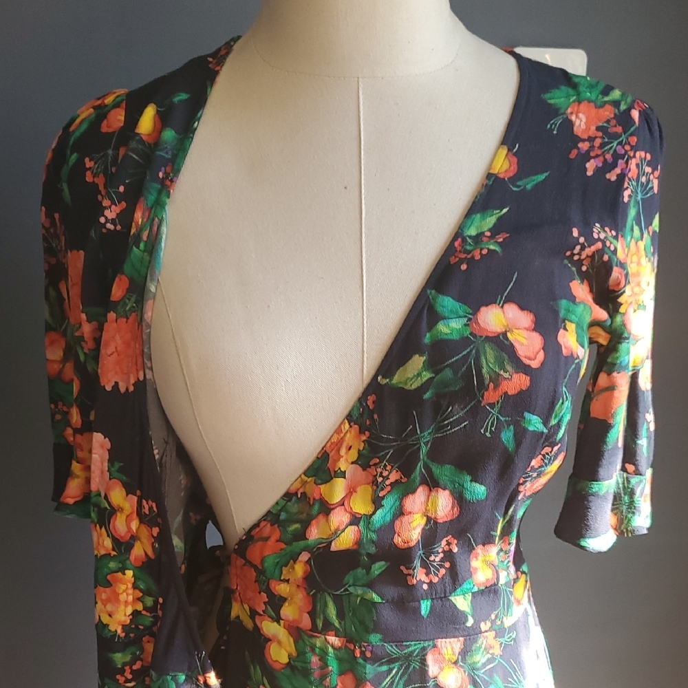 Zara Black Floral Wrap  Dress with Pink, Orange & Green Accents - Picture 12 of 13